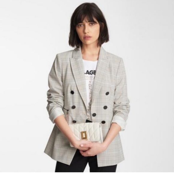Karl Lagerfeld Double Breasted Notch Collar Blazer Checked Plaid Cream Button 12 - Picture 2 of 14